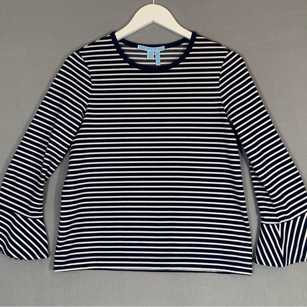 Draper James Blue and White Bell Sleeve Ribbed Blouse Ladies Sz Small - Picture 2 of 7